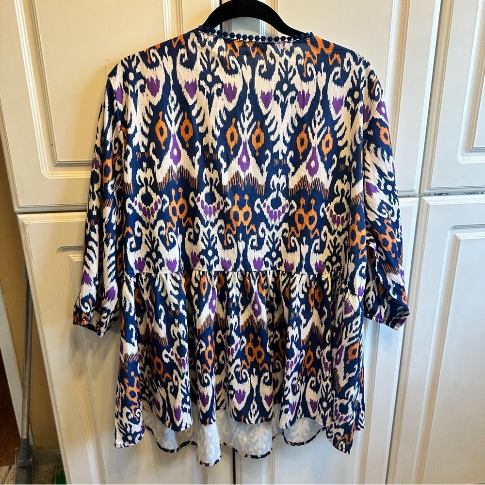 BloomChic Navy, White & Purple Ikat Peplum Blouse with Orange Accents - Picture 4 of 5